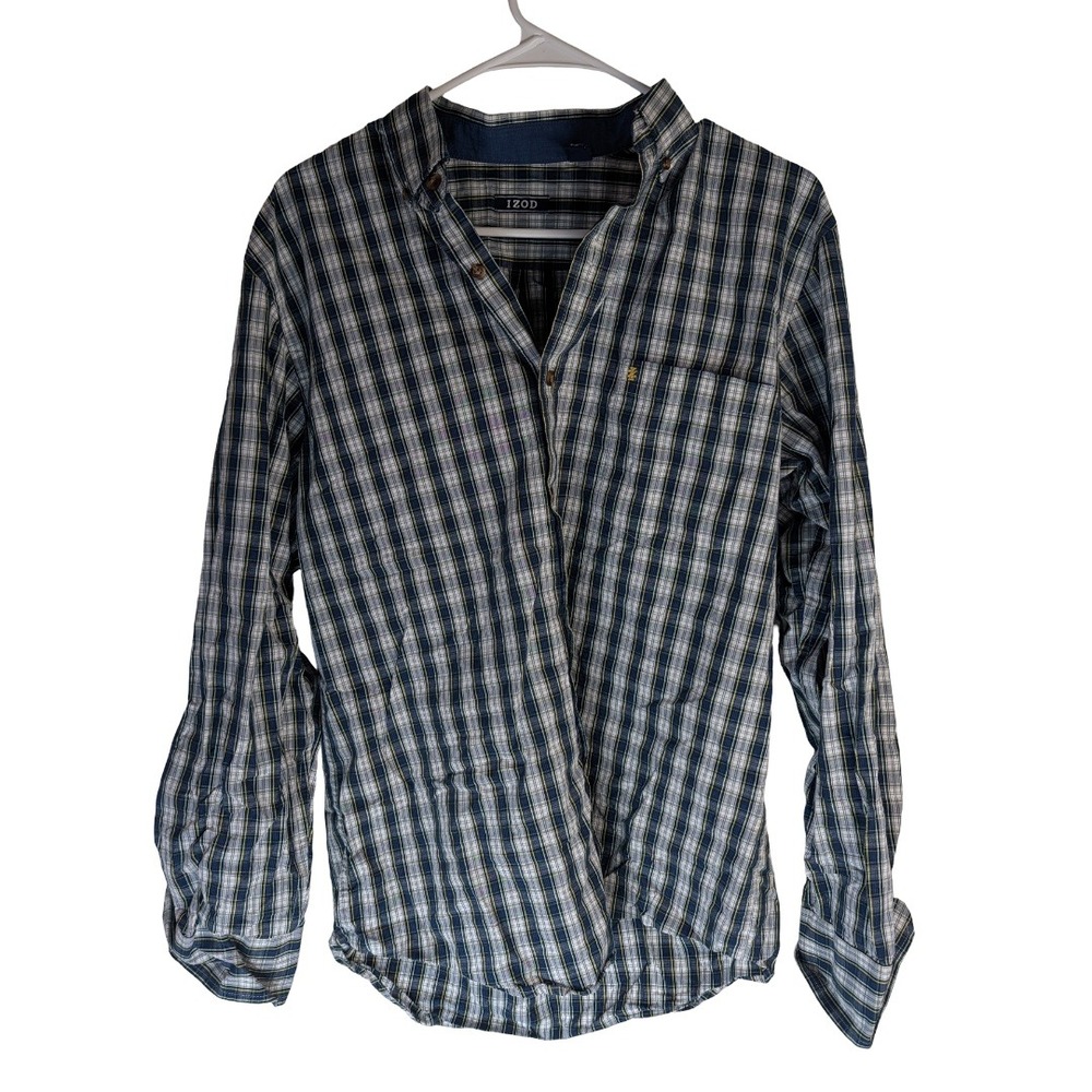 IZOD Plaid Button Down Shirt Mens Small Blue Yellow White Long Sleeve Cotton AF